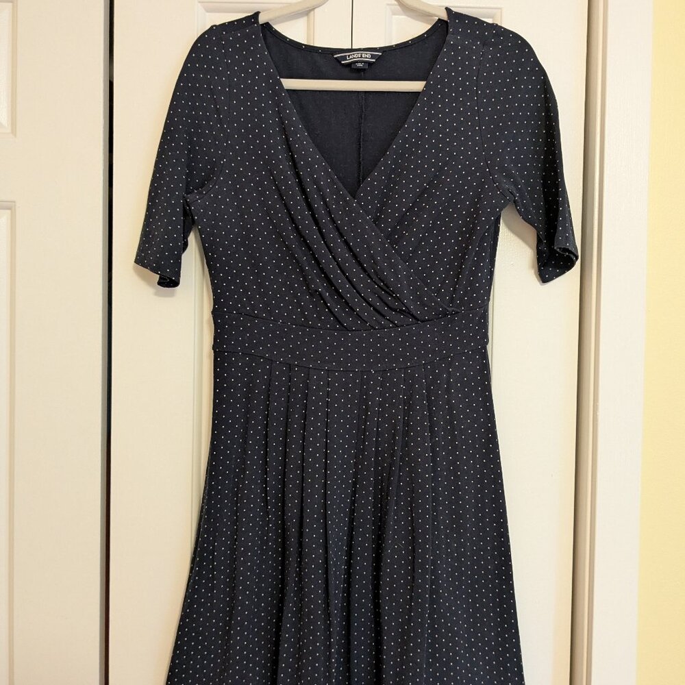 LANDS' END Women's Dark Blue Polka Dot Dress V-neck Size SMALL